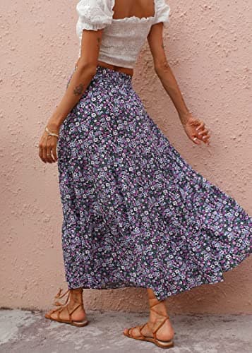 KIRUNDO Women 2026 Spring Summer High Waist Boho Floral Maxi Skirt Trendy Casual Flowy Swing Pleated A Line Beach Long Skirts(Black Purple, X-Large) - Thumbnail 5