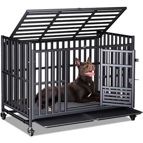 Heavy Duty Dog Crate, Reinforced Thickened Steel Frame Indestructible Kennel for Large & High Anxiety Dogs, Escape Proof Design with 3 Doors, 4 Lockable Wheels and 2 Removable Trays (48 Inch) - Image 1
