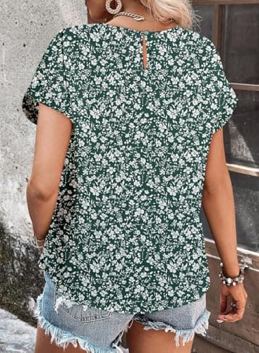 Dokotoo Tops for Women Trendy Crewneck Boho Short Sleeve Shirts 2026 Summer Floral Print Chiffon Blouses for Women Dressy Casual Bohemian Top Shirts - Thumbnail 4