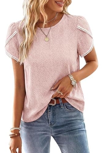 PRETTYGARDEN Women’s Shirts Summer Casual Crewneck Lace Crochet Short Sleeve Blouses Cute Floral Print Loose Tunic Tops(X-Large,A-Dot White Pink) - Image 1