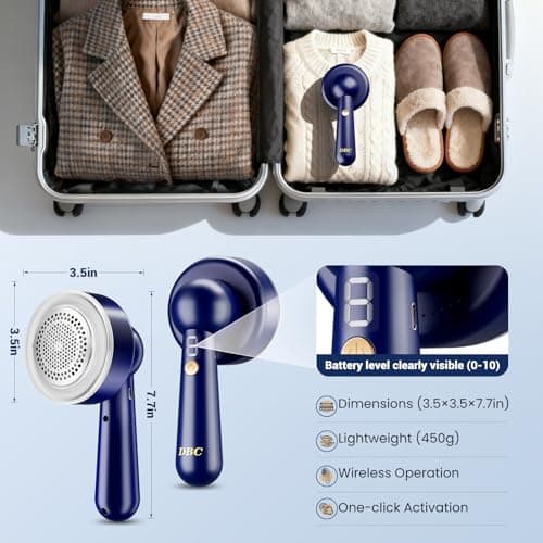 DBC Fabric Shaver & Lint Remover for Clothes, Sweaters & Furniture - 6-Leaf Blade, 3 Speeds, 2H Runtime, Portable Design Perfect for Travel, Includes 2 Extra Blades - Thumbnail 4