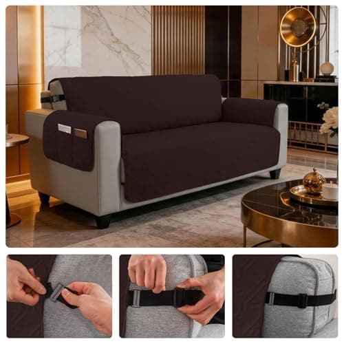 Eusalioy 100% Waterproof Couch Cover for Dogs, Anti-Slip Washable Sofa Cover with Elastic Straps & Side Pockets, Quilted Furniture Protector for Kids & Pets (3 Cushion 68", Chocolate) - Thumbnail 6