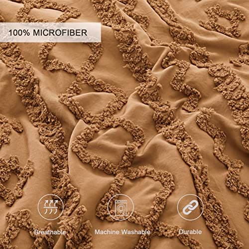 Oli Anderson Pumpkin Brown Queen Comforter Set Tufted Bedding Set Queen 3 Pieces, Boho Shabby Chic Comforter with 2 Pillowcases (Pumpkin Brown,Queen) - Thumbnail 3