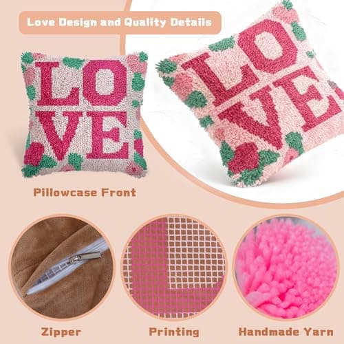 Miaceito Pre-Printed Love Latch Hook Pillow Kits for Adults Beginners, DIY Latch Hook Kits Includes Wooden Hook to Make 17x17 Inch Home furnishings Sofa Decoration - Thumbnail 4