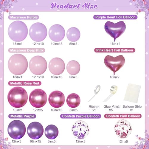 NUTTYBASH Pink Purple Balloon Garland Arch Kit,126Pcs Metallic Purple Rose Red Confetti Balloons with Heart Foil Balloon for Women Birthday Bridal Baby Shower Wedding Party Decoration - Thumbnail 5
