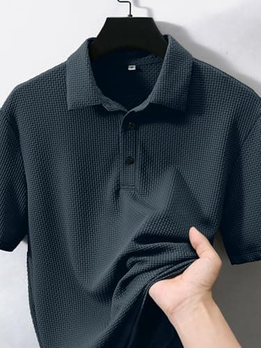 JEMLDL Men's Jacquard Polo Shirts Moisture Wicking Super Stretch Casual Jacquard Collared Short Sleeve Golf Polo Shirts for Men Navy Blue XXL - Thumbnail 2