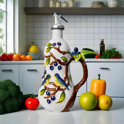 Hand-Painted Ceramic Relief Olive Oil Bottle Dispenser, with Handle Decorative Olive Oil Dispenser Bottle, Kitchen Ceramic Oil Vinegar Bottle Seasoning Bottle with Stainless Steel Spout & Funnel - Thumbnail 5