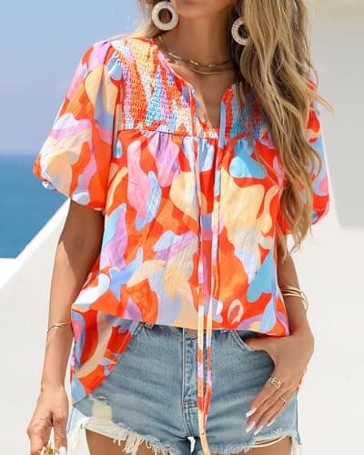 KIRUNDO Boho Tops for Women Summer 2026 Dressy Floral Blouse V Neck Drawstring Short Sleeve Shirts Beach Vacation Clothes(Pink Multicolored, Medium) - Thumbnail 5