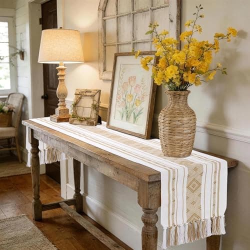 yuboo Boho Table Runner 72 Inches Long, Cream Woven Jacquard Table Runner with Tassels, Neutral Farmhouse Rustic Dresser Runner Decor for Dining Room, Bridal Shower (Geometric Moroccan) - Thumbnail 6