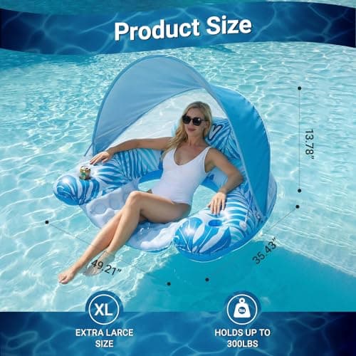 Pool Float for Adults with Canopy, XL Inflatable Chair Lounge Floaties with Adjustable Sun Shade Cover, Drink Holder, Ergonomic Headrest - Thumbnail 2