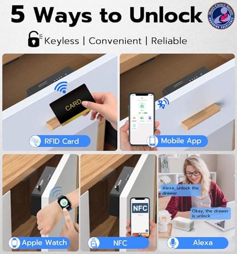 Anweller Smart Cabinet Lock, Hidden No Drill Adhesive Baby Proofing Child Proof Drawer Locks, Keyless RFID Bluetooth Cabinet Locks for Adults File Kitchen Cupboard Closet Liquor - Black - Thumbnail 2