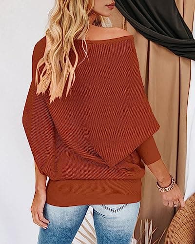 Zenlonr Women's Fall Winter Sweaters 2025 Casual Long Batwing Sleeve Loose Off Shoulder Knit Pullovers Jumper Tops(Orange,Large) - Thumbnail 5