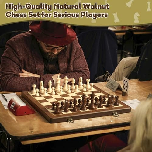 Premium Natural Walnut 15" Magnetic Wooden Folding Chess & Checkers Set- 2 in 1 Board Game with 3" King Staunton Pieces and 2 Extra Queens, Checkers, and Dust-Proof Storage Bag (Black) - Thumbnail 3