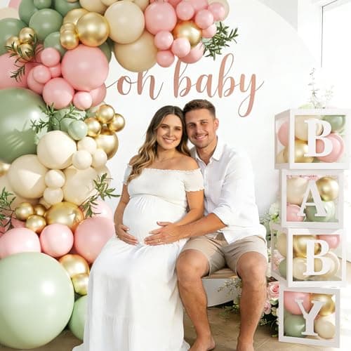 Pink and Green Gold Balloon Arch Kit, 132Pcs Pink and Green Baby Shower Decorations with Baby Boxes Letters for Girls Boho Baby Shower Gender Reveal Birthday Party Decorations - Thumbnail 3