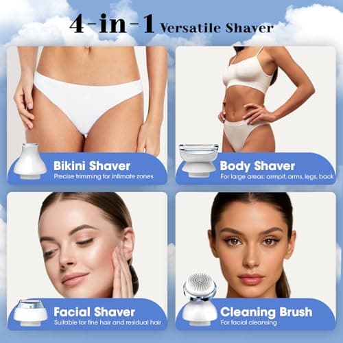 4 in 1 Electric Shaver for Women with Facial Brush, Electric Razor for Legs Underarm Pubic Hair, Bikini Trimmer IPX7 Portable Body Hair Removal, Wet & Dry Use, Rechargeable Grooming Kit, Light Blue - Thumbnail 2