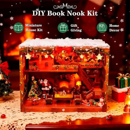 Joibabe DIY Miniature House, LED Lighting Book Nook Kit Dollhouse Kit,Music Box Dollhouse, 3D Wooden Puzzle with Dust Cover,Gifts for Family, Friends,Christmas(Christmas Carnival) - Thumbnail 4