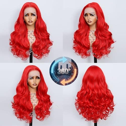 Barbique 26 Inch Red 13x6 Lace Front Wig Long Wavy Synthetic Wig HD Transparent Lace Glueless Pre Plucked Heat Resistant 180% Density for Party Clubbing - Thumbnail 5