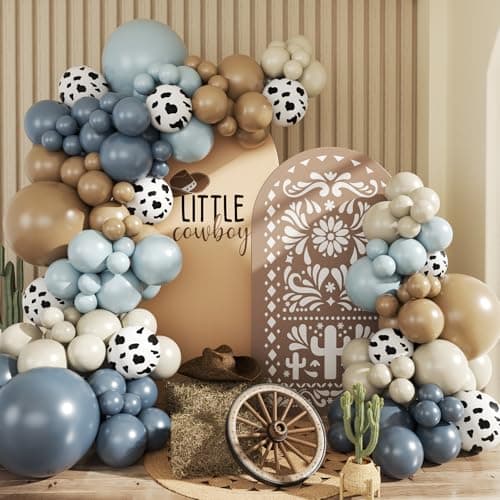 JOYFLOAT Cowboy Dusty Blue Cow Balloon Garland Arch Kit, Light blue Brown Sand White Balloons for Cowboy Rodeo Baby Shower Western Theme Birthday Party Decoration