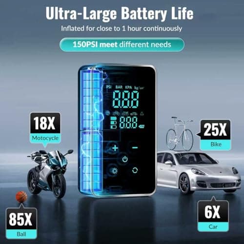 Tire Inflator Portable Air Compressor-150PSI Air Pump for Car, Bike Pump Touch Screen/Gauge/Light, Tire Pump 3X Faster Inflation with Tire Pressure Gauge for Motorcycle, Bike, Ball - Thumbnail 3