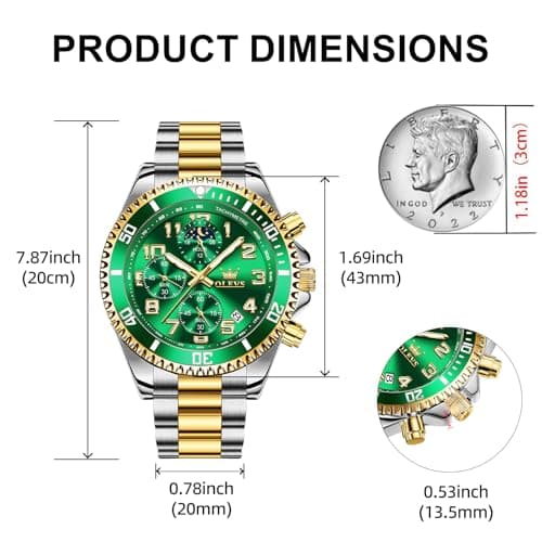 OLEVS Male Green Watches Chronograph Luxury Dress Moon Phase Numeral Stainless Steel Waterproof Luminous Business Casual Wrist Watch - Thumbnail 3