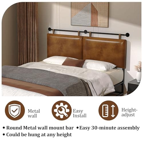 BSHOMGI Queen Headboard, Hanging Headboards with Brown Faux Leather Industrial Pipe Modern Style Only for Bed Backboard Headboards for Queen Size Bed - Thumbnail 3