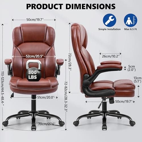 PU Leather Executive Office Chair, Ergonomic High-Back Computer & Gaming Chair with Adjustable Height, Rolling Swivel & Flip-Up Armrests, Comfy Padded Seat for Home Office-Brown - Thumbnail 2