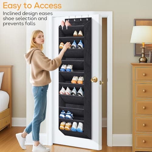 KIMBORA 10 Tier Over the Door Shoe Organizer with Large Pockets, Hanging Shoe Rack for Closet Door Storage, Fits 20 Pairs of Sneakers Boots Hanger Holder, Black - Thumbnail 4
