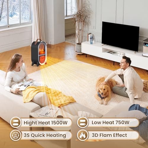 Riseon Portable Electric Fireplace Heater, 1500W/750W Mini Space Heater for Indoor Use with 3D Flame, Thermostat, Carry Handle, Overheat & Tipover Protection, for Home Office Bedroom Desk, Black - Thumbnail 2