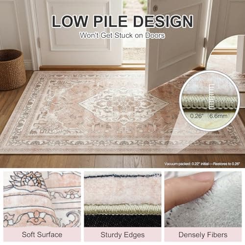 Cnythlis Washable Area Rug, Water-Resistant Vintage Medallion Carpet with Non-Slip Backing, Foldable Floor Mat for Living Room Pets, 0.26" Low Pile, Blush Pink, 5'x7' - Thumbnail 4