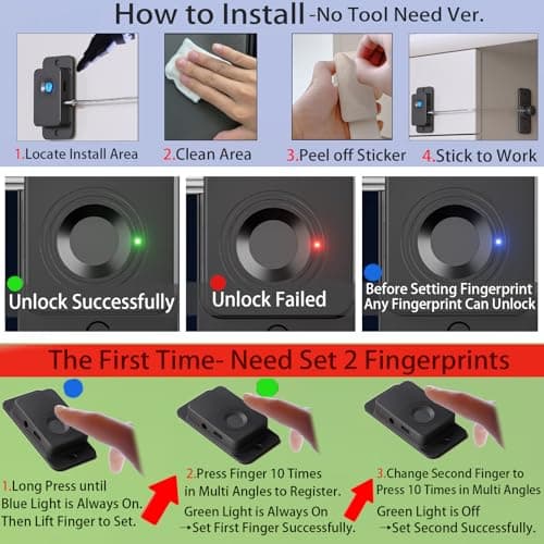 Bstsilver Fingerprint Refrigerator Lock Child Safety No Drill, Smart Biometric Latch for Cabinet Freezer Drawer Window, RV Fridge Lock Babyproofing 20 User for Kids Toddler Adult Cat Dog, with USB Key - Thumbnail 5