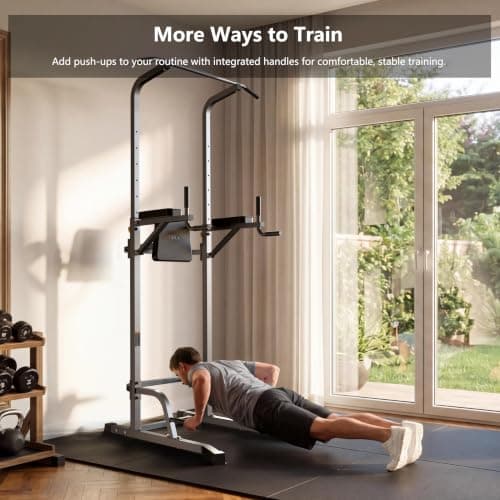 Power Tower Pull Up Dip Station with Stable Splayed H-Shaped Base, 440 lbs Capacity, Adjustable Height - Thumbnail 5
