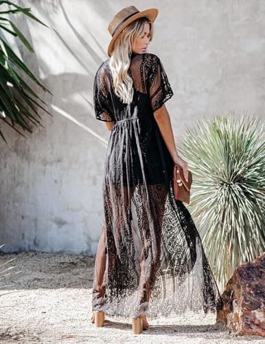 Women's Long Lace Kimono Cover Ups Tops Lightweight Summer Cardigan Dusters Sheer Boho Beach Plus Size Maxi XX-Large Black - Thumbnail 4