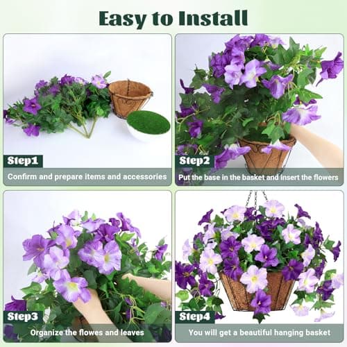 AMORISE 3PCS Hanging Artificial Flowers with Basket, Morning Glory Patio Decorations Outdoor Fake Hanging Decoration, Look Real UV Resistant Artificial Flowers for Outdoor Porch Patio Balcony(Purple) - Thumbnail 3