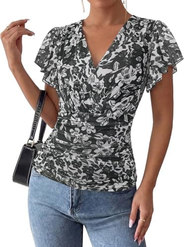 GRACE KARIN 2026 Womens Mesh Tops Summer Ruffle Sleeve Dressy Casual Top Floral Wrap Blouse Fashion Outfits Black White XL - Image 1