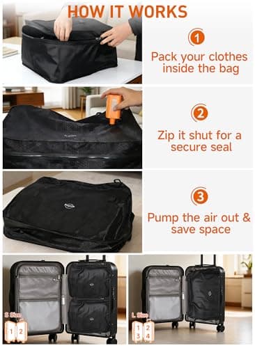 Vacuum Bags for Travel - 45L Oversized Compression Storage and Organization, 270° Open, Odor & IP68 Waterproof Anti-Rip Travel Vacuum Bags with Pump, TSA-Ready, Backpacks & Suitcases - Thumbnail 6