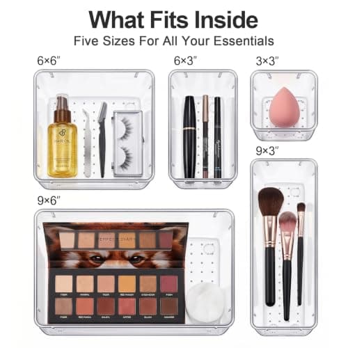 Asnews 13 Pcs Makeup Drawer Organizer Set, 5 Sizes Versatile Vanity Drawer Organizer for Makeup, Non-Slip Desk Organizer Trays for Bathroom, Bedroom, Office, Fits Jewelry and Office Supplies - Thumbnail 4