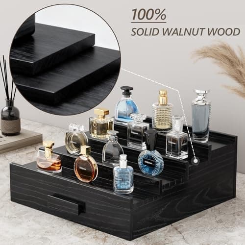 Hrbjunuo Solid Walnut Cologne Organizer for Men, 4 Tier Cologne Stand, Wooden Cologne Holder Display Shelf with Drawer Storage and Hidden Compartment, Black Perfume Stand Organizer, Gifts for Men - Thumbnail 4