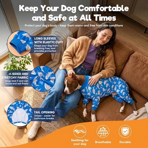 LovinPet Large Dog Pjs, UV Protection, Pet Anxiety Relief Onesies, Lightweight Stretchy, Blue Shark Print, Undershirt for Dog Sweaters and Coats, Large Breed Husky Pajamas, Pet PJ's/L - Thumbnail 6