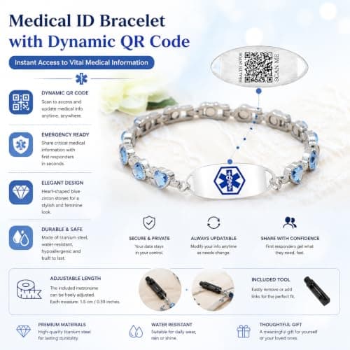 Dynamic QR Code Medical Alert Bracelet for Women, Heart-Shaped Zircon Chain Titanium Steel Jewelry, Editable Medical ID Bracelet, Scan to Update Medical Information Anytime, No Engraving Required (QR Code-US Stock) - Thumbnail 4