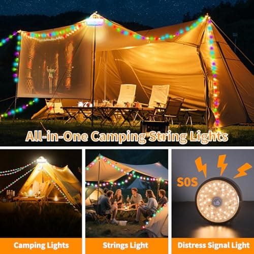 KOBAIBAN Camping String Lights Rechargeable 4000mAh, 3 in 1 Upgraded Outdoor String Lights with 13 Lighting Modes, 32.8FT LED Hanging Lights, Waterproof Camping Lights for Awning Party Festival Decor - Thumbnail 2