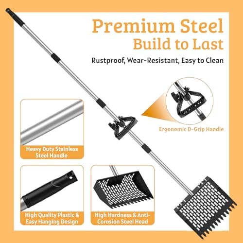 Jesosia Metal Chicken Poop Scooper & Rake 2-in-1 Stainless Steel Shovel Head & Adjustable Handle with Ergonomic Grip Durable Sand Sifting Litter Shovel for Chicken Coops & Small Farm Animals - Thumbnail 4