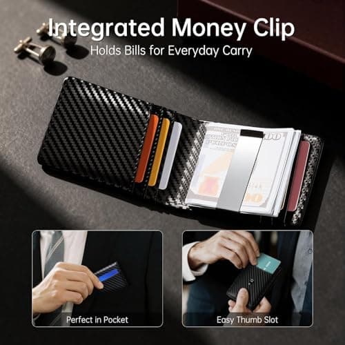 Gostwo Slim Wallet for Men, Minimalist Money Clip Card Wallet, RFID Blocking Bifold Mens Wallet, Front Pocket Credit Card Holder with ID Window, Gifts for Him, Carbon Fiber Black - Thumbnail 5
