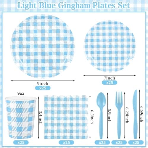 NatNarr 175 Pcs Gingham Paper Plates, Boy Baby Shower Decorations Include Blue Gingham Plates and Napkins Cups Disposable Blue Dinnerware for Picnic, Wedding, Birthday - Thumbnail 2