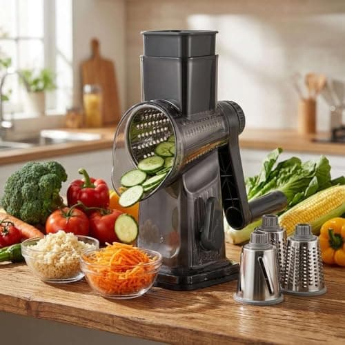 Spylandy 3-in-1 Manual Rotary Cheese Grater & Vegetable Slicer, Round Mandoline Food Chopper with 3 Interchangeable Blades, Strong Suction Base Hand Crank Grater for Cheese, Potato, Nuts & Veggies - Thumbnail 2