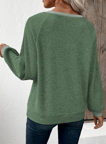 EVALESS Long Sleeve Shirts for Women Fall Clothes Casual Patchwork Button Up V Neck Oversized Sweatshirt Tops Mist Green X-Large - Thumbnail 6
