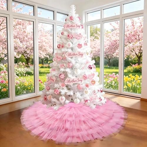 Ivarunner Pastel Pink Tulle Valentine's Day Tree Skirt 48 Inch, Large Ruffle Christmas Tree Skirt for 7.5 FT Trees, 6-Layer Elegant Wedding Baby Shower Tree Mat, Pink Coquette Preppy Room Decorations - Image 1