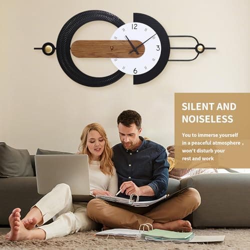 Anmotpe Modern Minimalist Wall Clocks,Black Metal & Wood Geometric Design Large Wall Clocks,Silent Non-Ticking Battery Operated,for Living Room Home Office Wall Art - Thumbnail 3