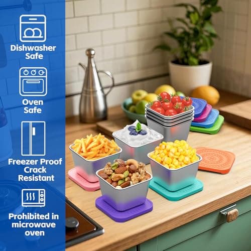 ENCYS Set of 8 Snack Containers,Reusable Snack Container,Stainless Steel lunch box ;Leak Proof Stackable Small Metal Food Containers with Silicone Lids - Thumbnail 5