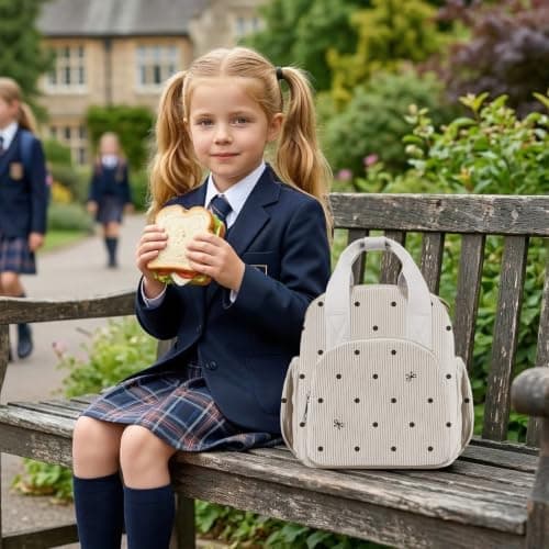 Easozoom Insulated Corduroy Lunch Bag for Teen Girl Kid Women, Large Lunch Box, Reusable Portable Leakproof Lunchbox for School Travel Office Picnic (Polka Dot&Bow White) - Thumbnail 5