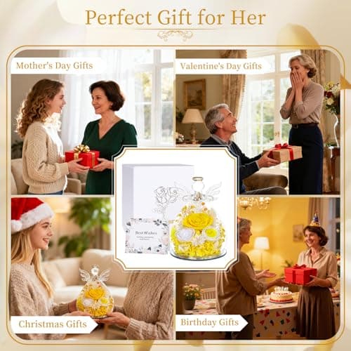 Puppiluv Preserved Rose Gifts for Women, Forever Flowers Eternal Roses in Glass Angel Figurines, Fresh Flowers for Delivery Prime, Birthday Gifts for Mom Her Wife Grandma on Anniversary, Yellow - Thumbnail 5